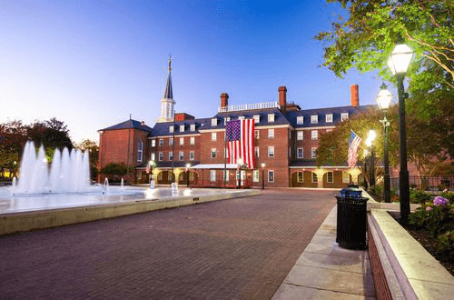 Alexandria City Hall and Market Square in Northern, Virginia at dusk.