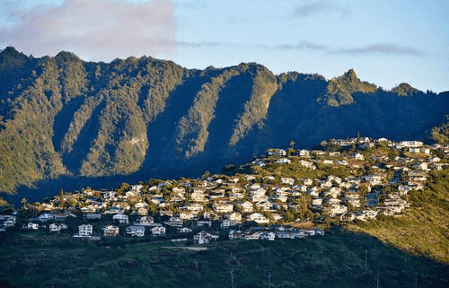 Kaneohe town and mountain range at sunset, Hawaii, USA.