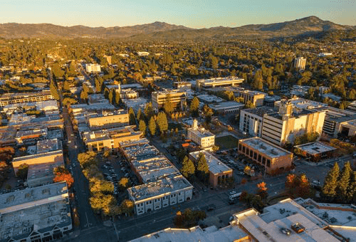 Downtown Santa Rosa during the golden hour with the Mayacamas Mountains in the background