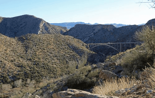 Bridge traverses the lush landscape of the Queen Creek
